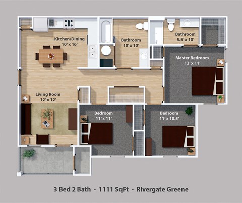 Floor plan for 3 beds, 2 baths, 1111 sqft